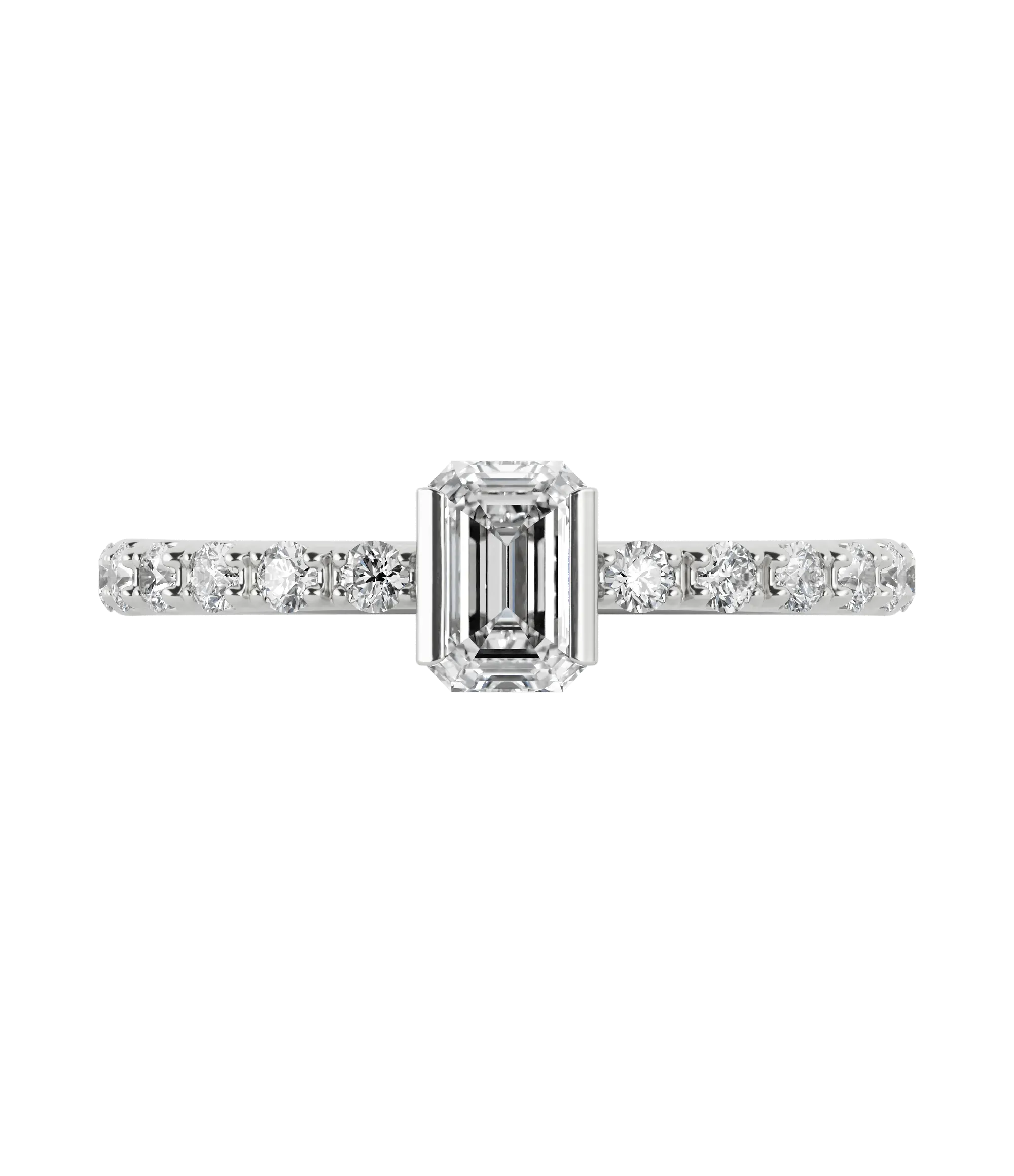 Emerald cut lab-grown diamond pavé solitaire ring in 18K recycled white gold