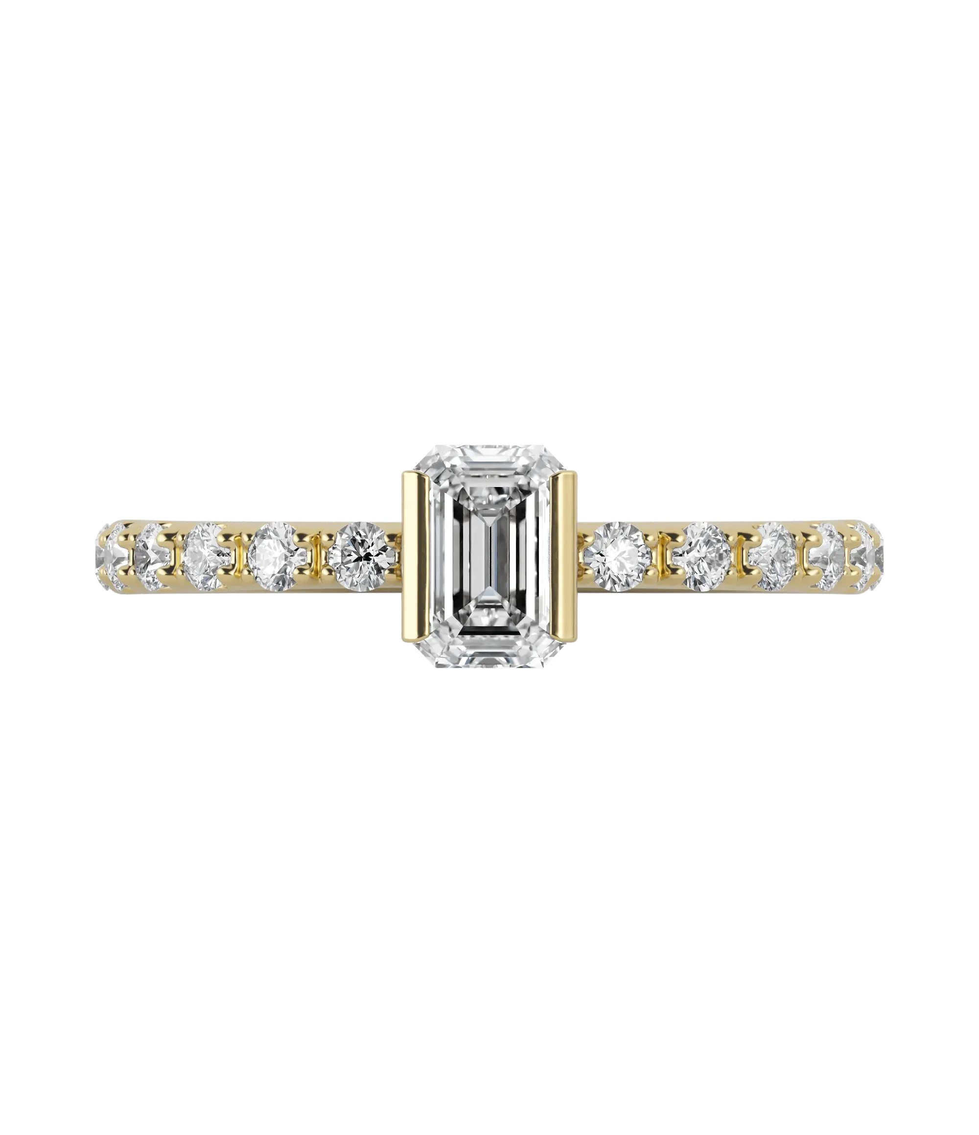 Emerald cut lab-grown diamond pavé solitaire ring in 18K recycled yellow gold
